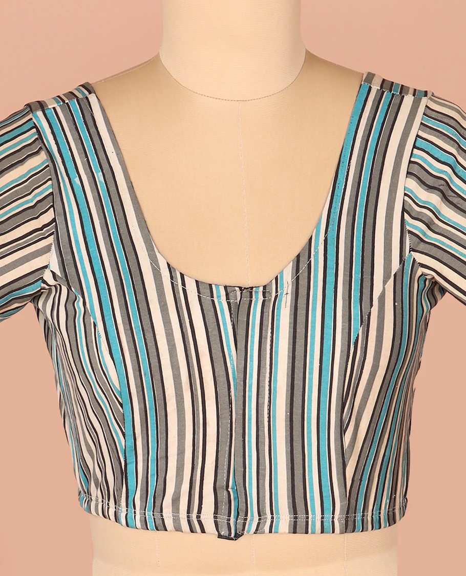 Multi-Color Readymade Blouse Subtly Printed with Stripes, Featuring Front Round Neck, Back Round Neck, and Elbow Sleeves - Image 3
