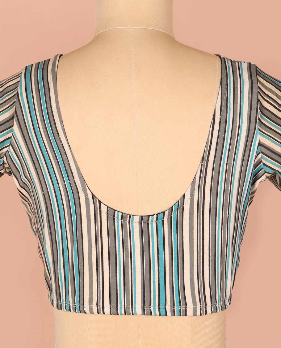 Multi-Color Readymade Blouse Subtly Printed with Stripes, Featuring Front Round Neck, Back Round Neck, and Elbow Sleeves - Image 4