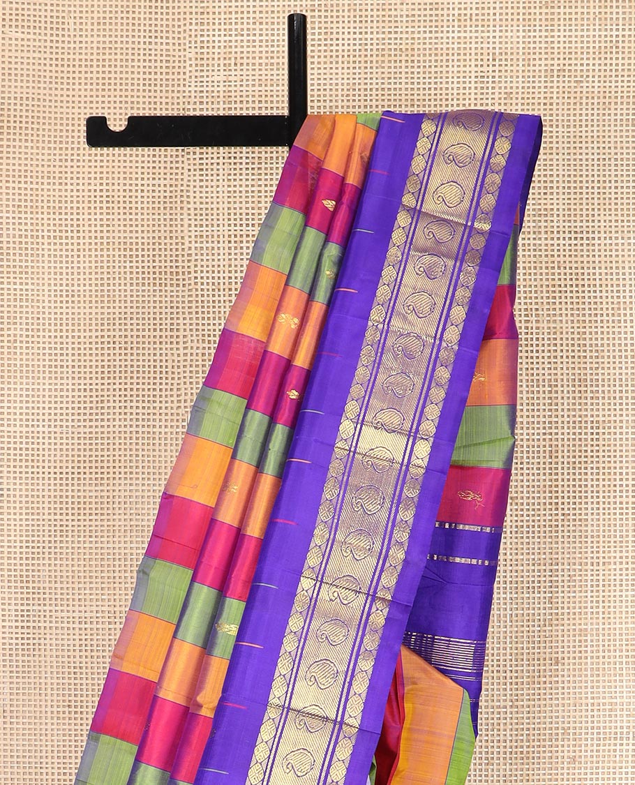 Multi-Colored Kanchipuram Silk Saree Accentuated with Stripes and Zari Buttas All Over Its Body, Complemented by Contrast Thzampoo Rekku One-sided Border Featuring Rudraksham and Manga Designs, Zari Design Pallu, and Comes Without a Blouse - Image 3