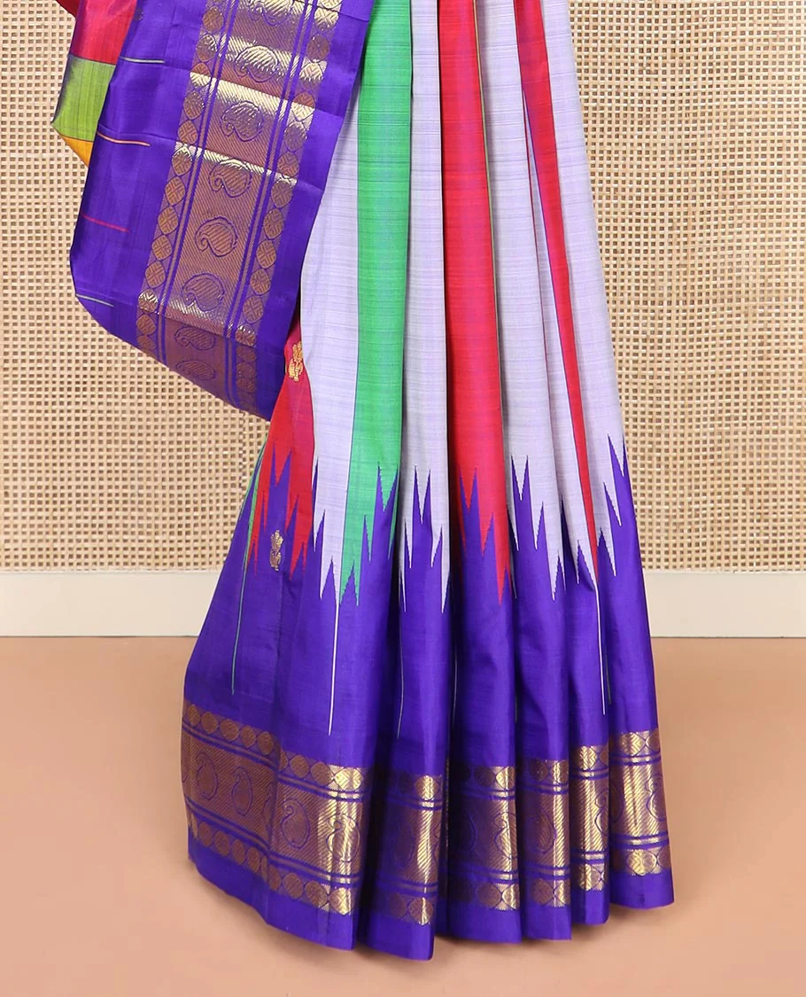 Multi-Colored Kanchipuram Silk Saree Accentuated with Stripes and Zari Buttas All Over Its Body, Complemented by Contrast Thzampoo Rekku One-sided Border Featuring Rudraksham and Manga Designs, Zari Design Pallu, and Comes Without a Blouse - Image 4