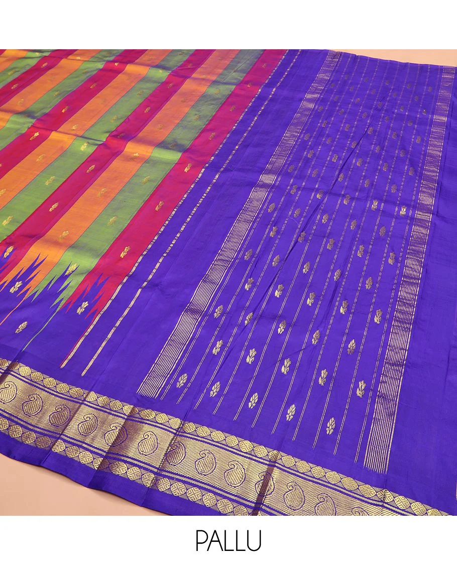 Multi-Colored Kanchipuram Silk Saree Accentuated with Stripes and Zari Buttas All Over Its Body, Complemented by Contrast Thzampoo Rekku One-sided Border Featuring Rudraksham and Manga Designs, Zari Design Pallu, and Comes Without a Blouse - Image 5