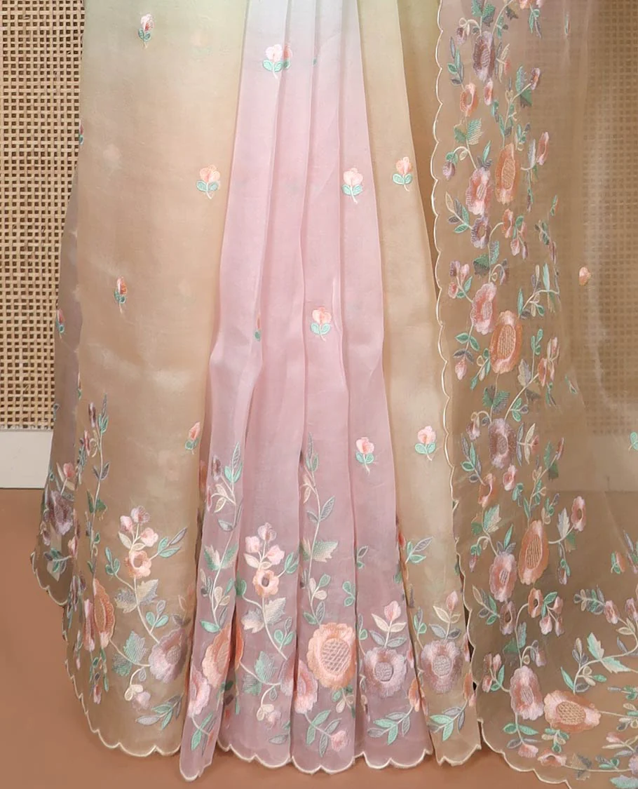 Multi volor motifs organza saree with self floral embroidery, scallop border - Image 4