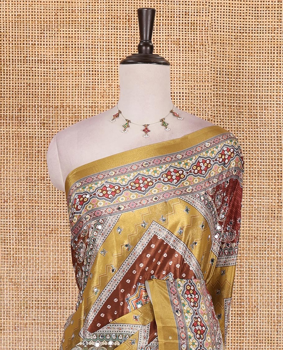 Mustard bandhani dots, geometric print, and mirrorwork masakali saree, printed border, printed and mirrorwork pallu, and a matching printed blouse - Image 3