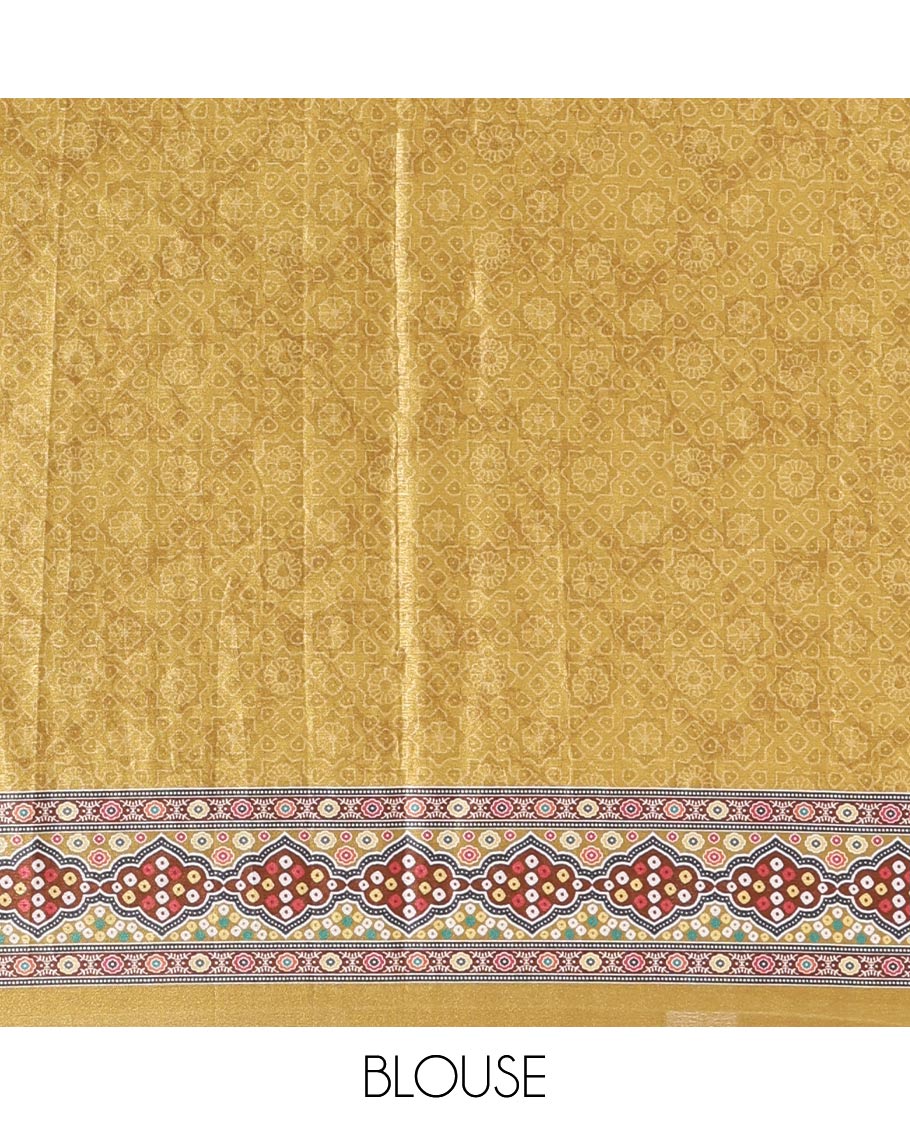 Mustard bandhani dots, geometric print, and mirrorwork masakali saree, printed border, printed and mirrorwork pallu, and a matching printed blouse - Image 4