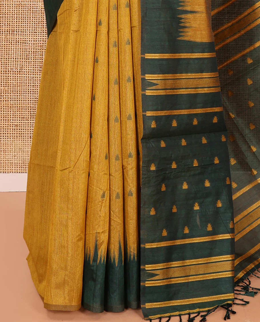 Mustard buttas semi-jute saree with contrast temple border, thread striped pallu, and a contrast thread buttas blouse - Image 3