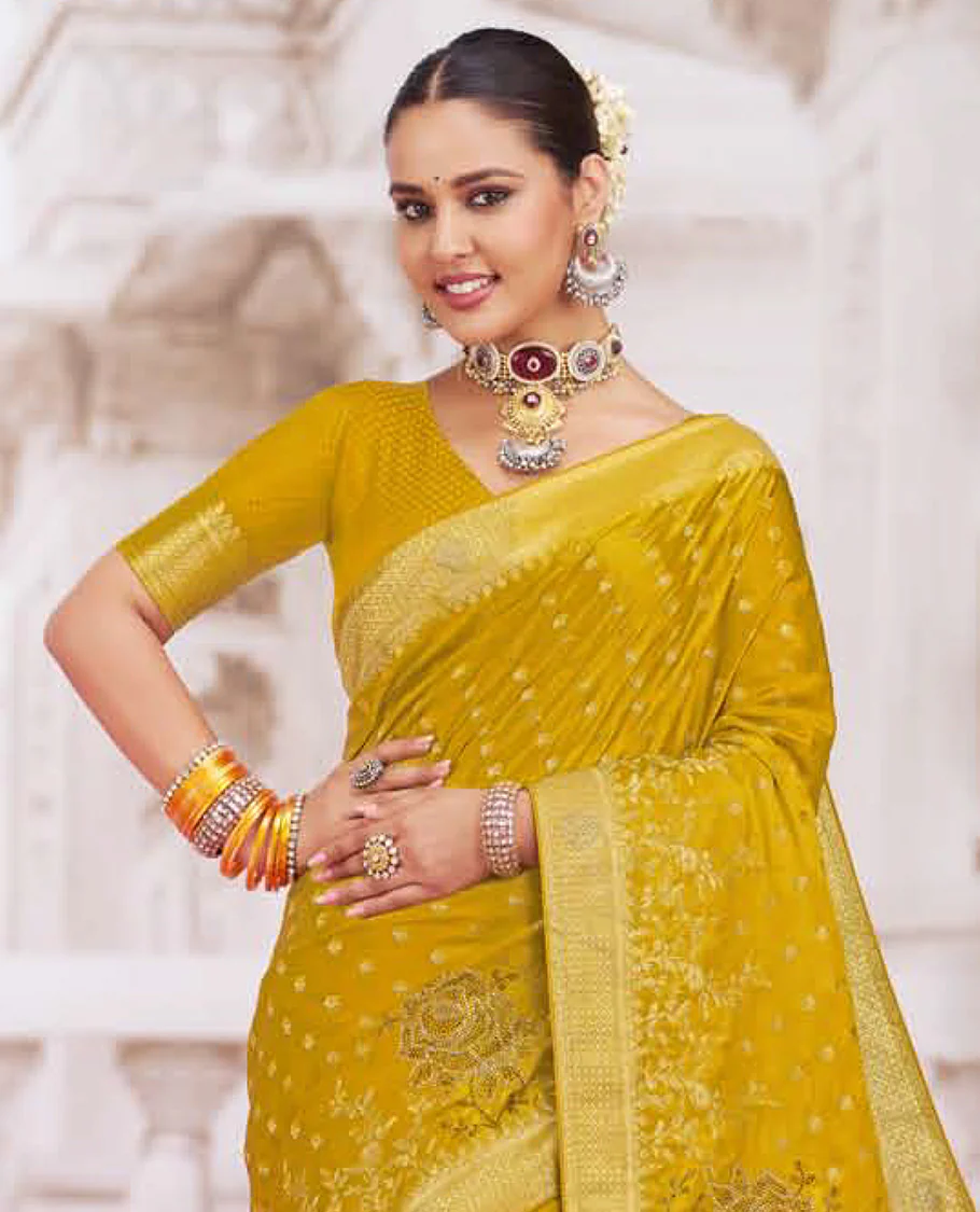 Mustard buttas with floral design micro stone work designer catalog saree, traditional design border, and intricate pallu - Image 2