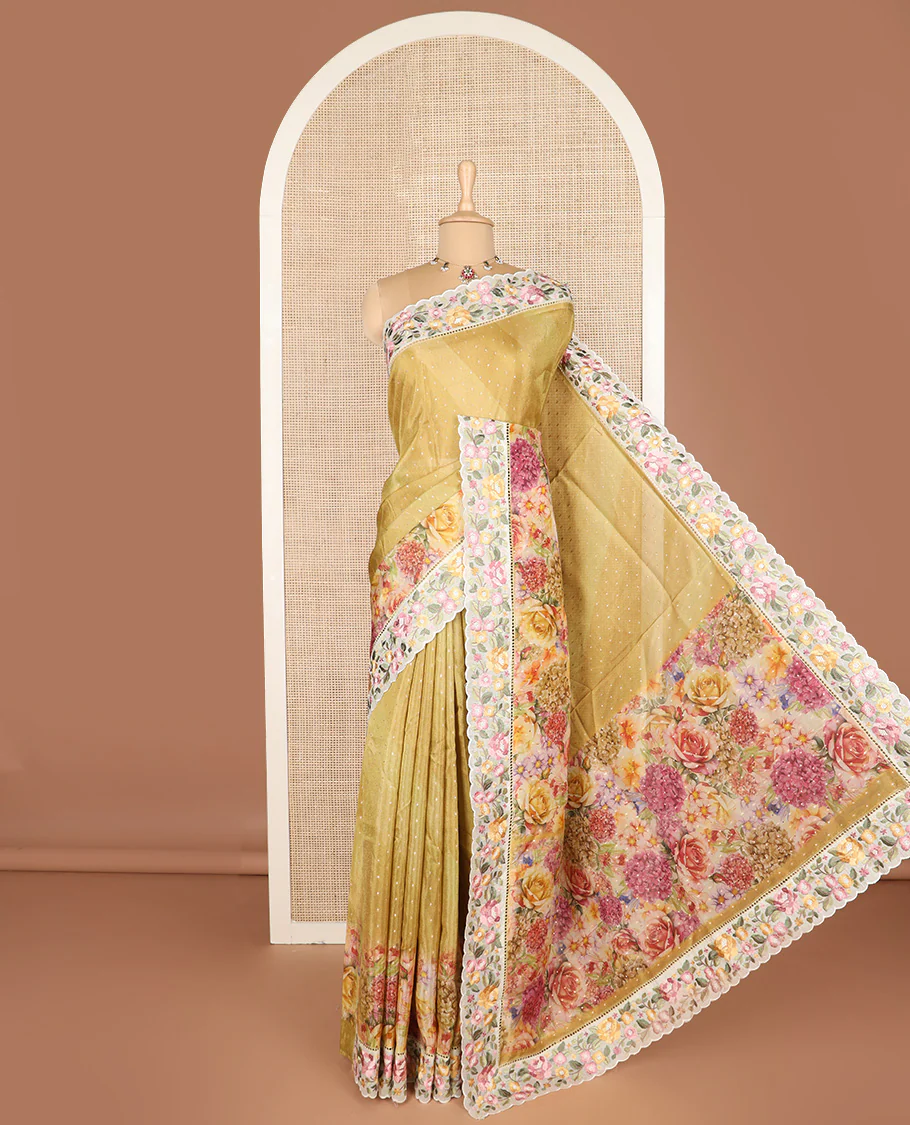Mustard buttas with floral printed dola silk saree, contrast floral embroidered scallop border