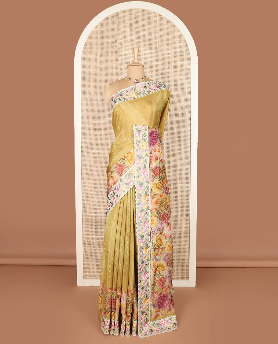 Mustard buttas with floral printed dola silk saree, contrast floral embroidered scallop border - Image 2
