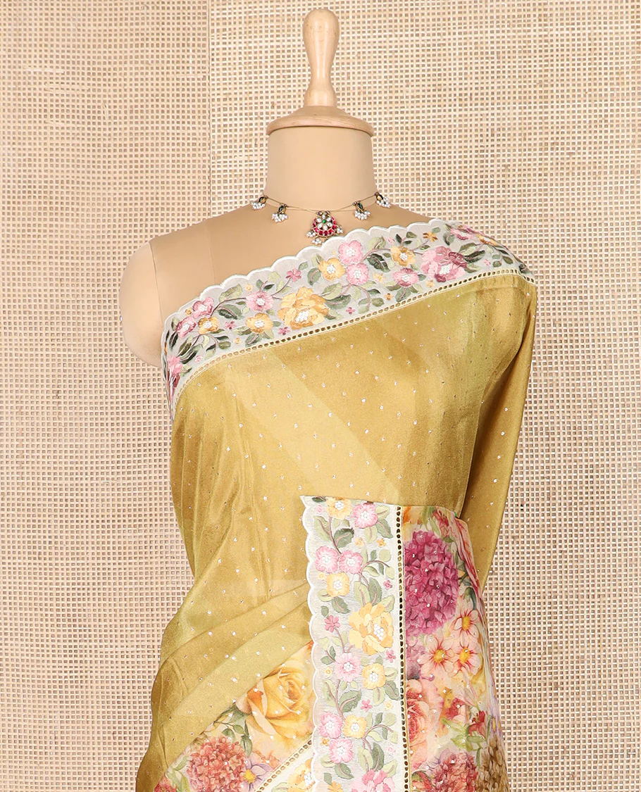 Mustard buttas with floral printed dola silk saree, contrast floral embroidered scallop border - Image 3