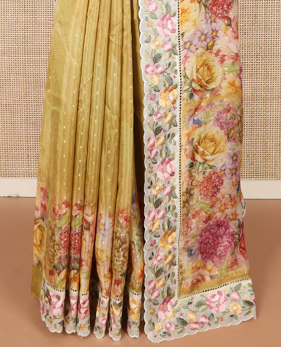 Mustard buttas with floral printed dola silk saree, contrast floral embroidered scallop border - Image 4