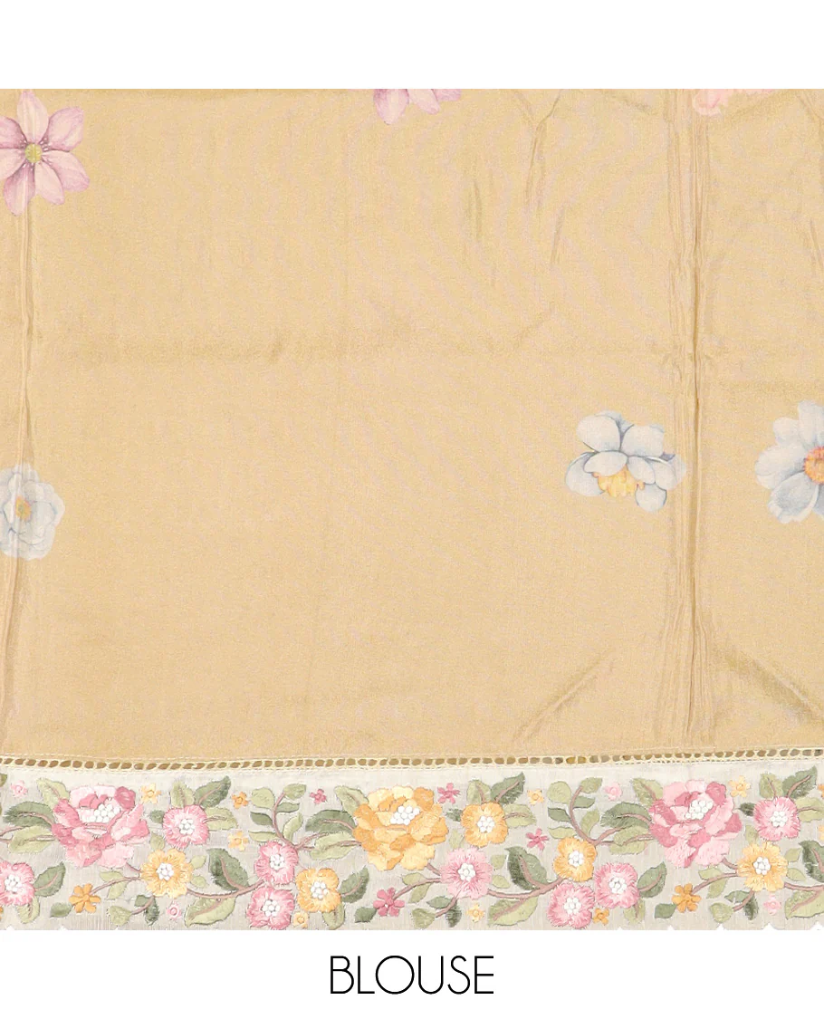 Mustard buttas with floral printed dola silk saree, contrast floral embroidered scallop border - Image 5
