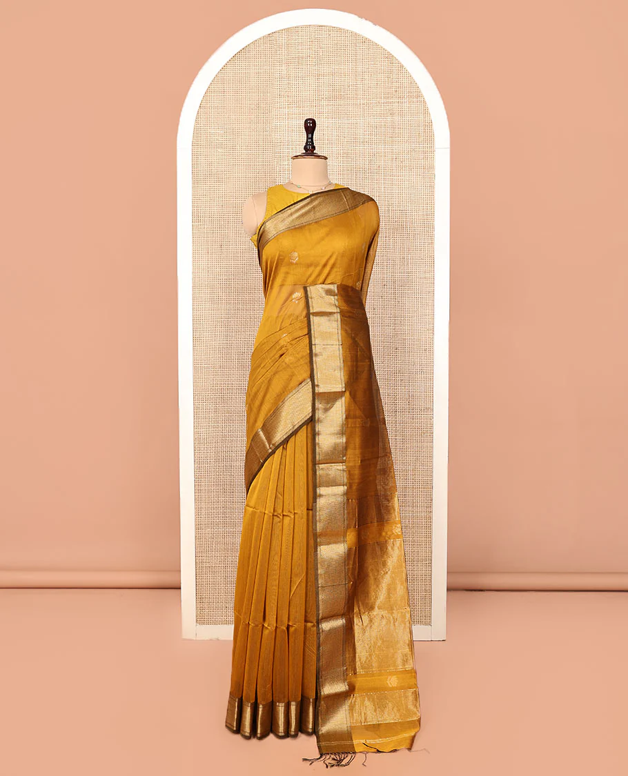 Mustard Maheshwari Cotton Saree, Beautified with Floral Buttas on Its Body, Highlighted by a Zari Border of Traditional Designs, Pallu Steeped with Gleaming Zari Stripes, and Paired with a Matching Blouse - Image 3