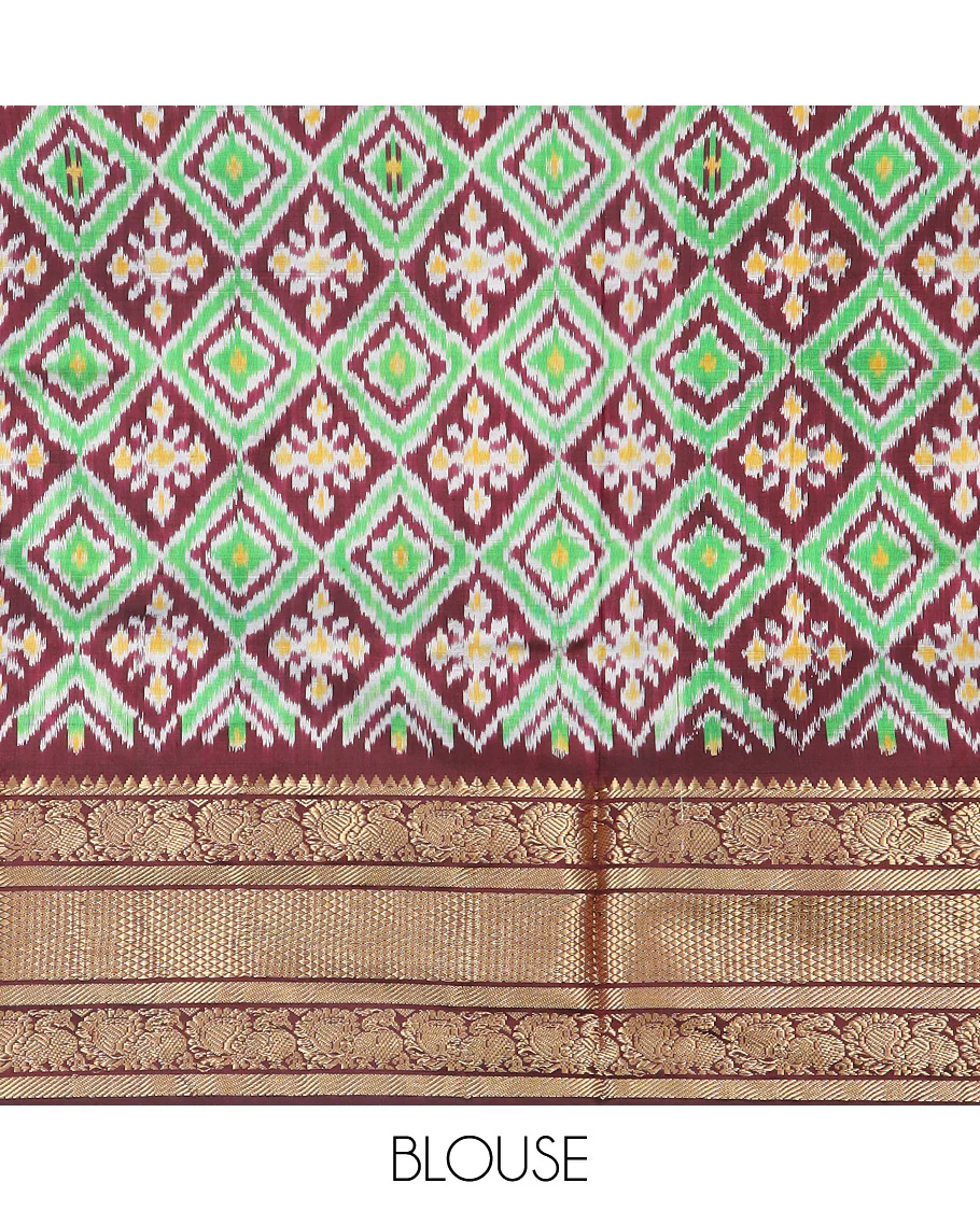 Mustard Plain Ikkat Silk Saree, Complemented by a Contrast Temple Traditional Zari Motif Woven Border, Pallu Adorned with Vibrant Jaal Design, and Paired with a Multi-Coloured Blouse - Image 6