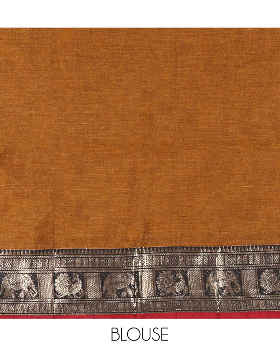 Mustard-Red Mercerised Cotton Half-Saree Features Plain with Contrast Traditional Zari Bordered Skirt, Paired with a Matching Blouse, and Comes with a Contrast Bordered Dhavani - Image 4