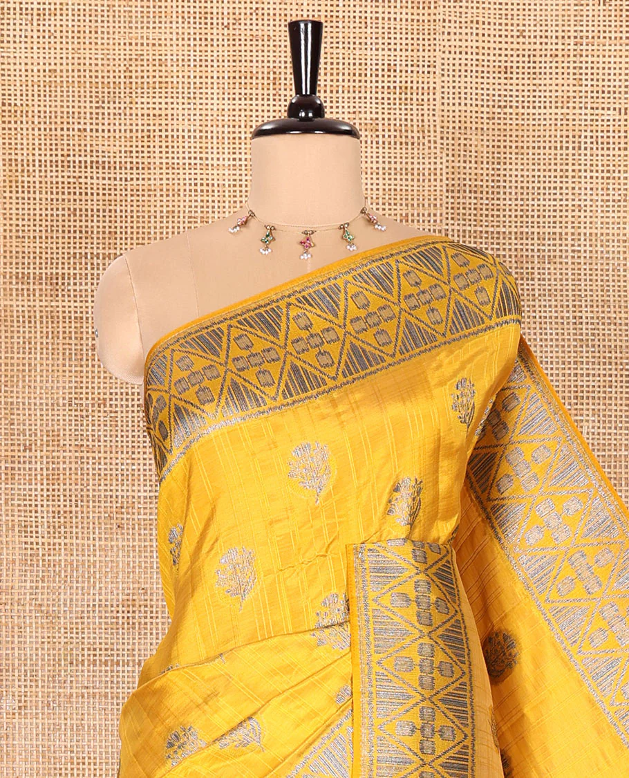 Mustard Semi-Tussar Saree Subtly Woven With Floral Zari Buttas, Featuring a Geometric-Patterned Zari Border, Adorned With a Butta-Enclosed Checked Pallu, and a Matching Blouse - Image 2