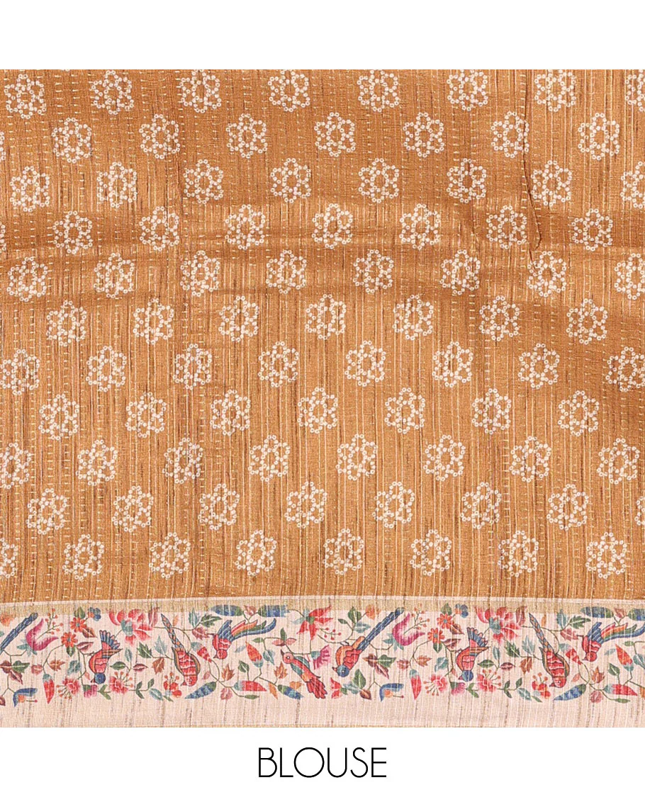 Mustard zari buttas and bandhani dotted fancy tussar saree, contrast floral and bird printed border, striped pallu, and a matching blouse - Image 3