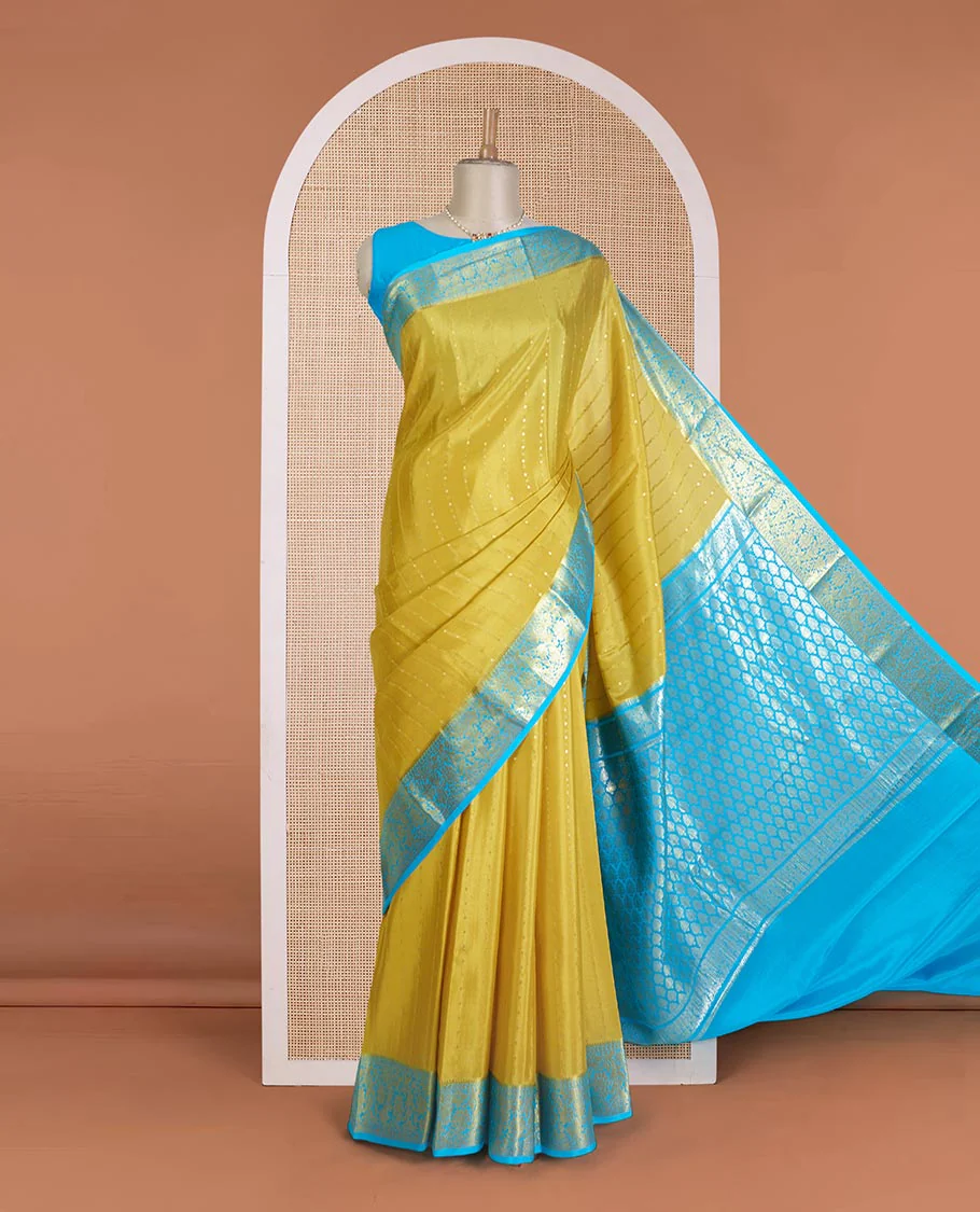 Yellow zari buttas Mysore silk saree, contrast floral zari border, and intricate pallu - Image 2