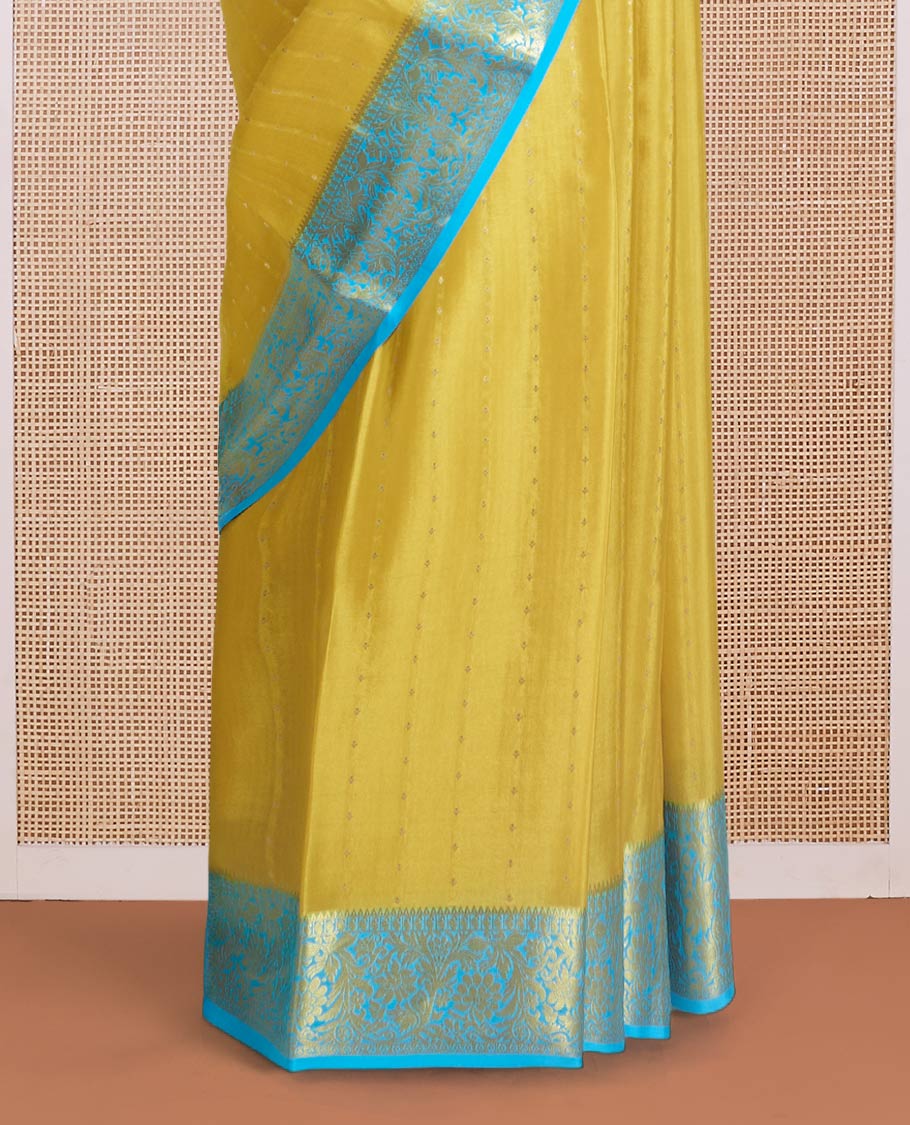 Yellow zari buttas Mysore silk saree, contrast floral zari border, and intricate pallu - Image 4