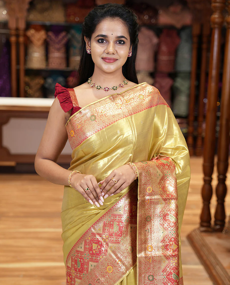 Mustard zari buttas tissue silk saree, contrast border of patola design and traditional motifs, jaal pallu, and a matching blouse - Image 2