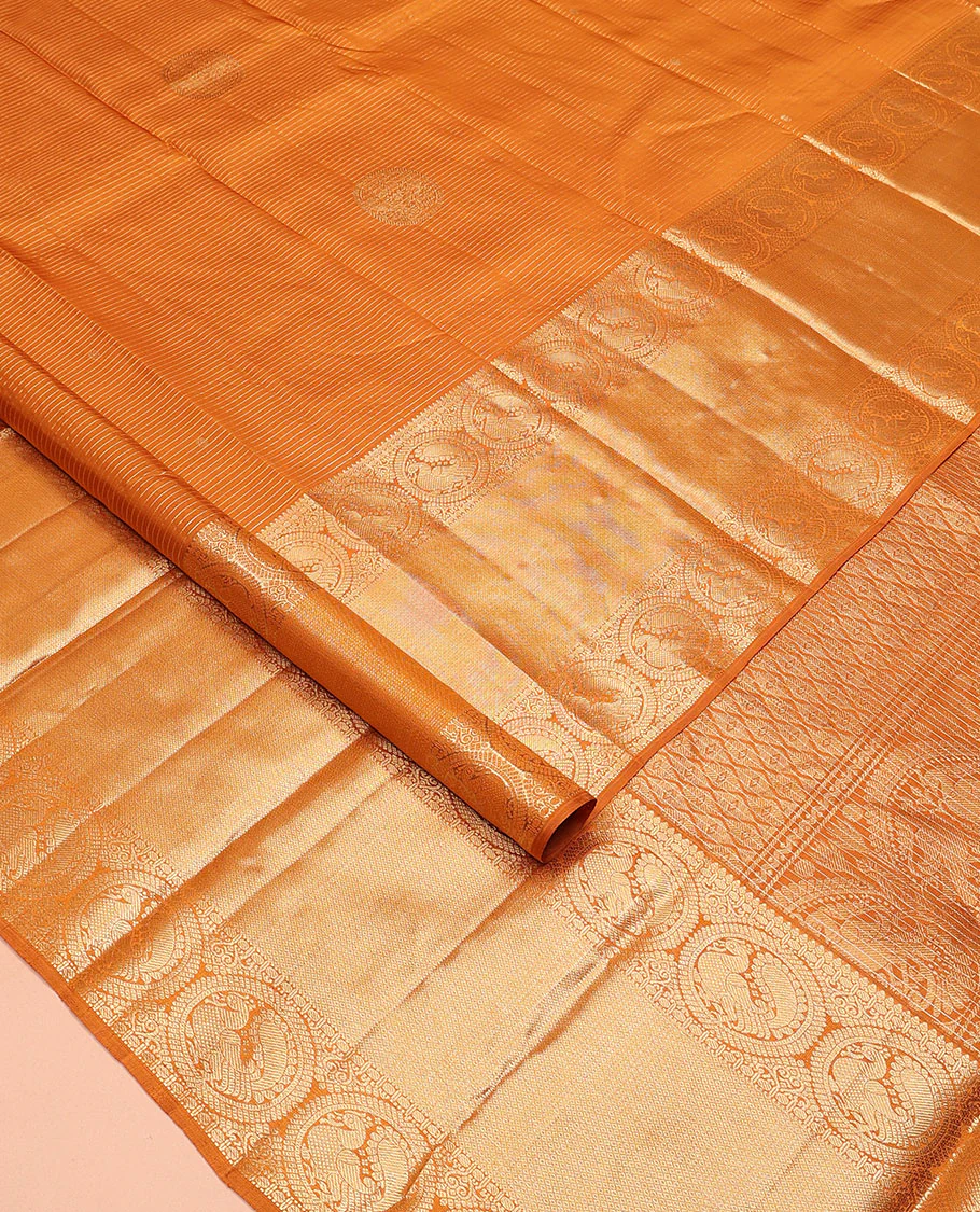 Mustard zari stripes and buttas Kanchipuram silk saree, zari border of thilakam, paisa, round mayil, and mayil kann designs, and jaal pallu - Image 2