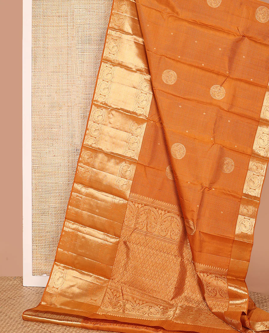 Mustard zari stripes and buttas Kanchipuram silk saree, zari border of thilakam, paisa, round mayil, and mayil kann designs, and jaal pallu - Image 3