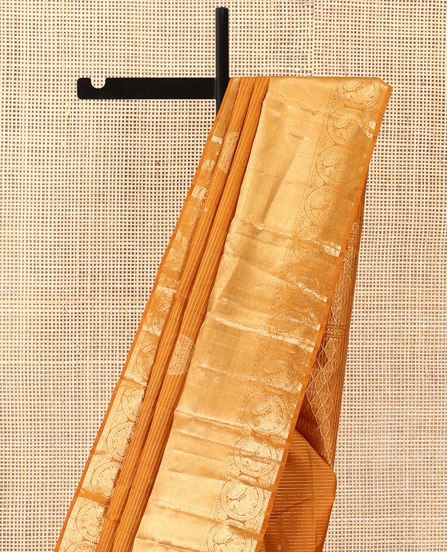 Mustard zari stripes and buttas Kanchipuram silk saree, zari border of thilakam, paisa, round mayil, and mayil kann designs, and jaal pallu - Image 4