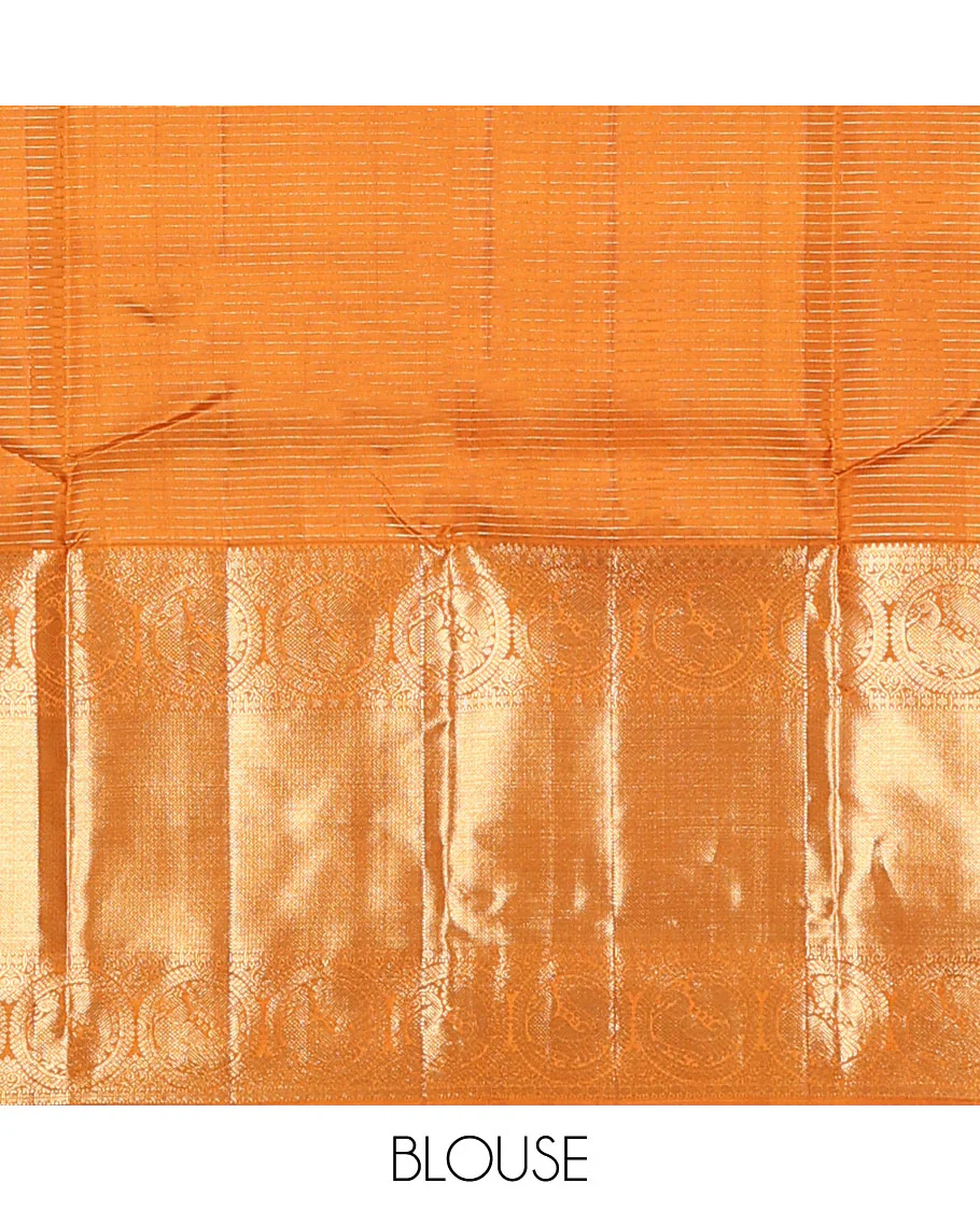 Mustard zari stripes and buttas Kanchipuram silk saree, zari border of thilakam, paisa, round mayil, and mayil kann designs, and jaal pallu - Image 6