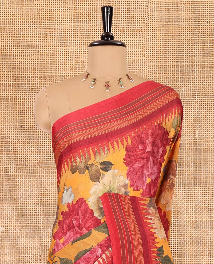 Mustrad floral printed Italian crepe saree, contrast temple printed border, striped pallu, and a printed bordered blouse - Image 3