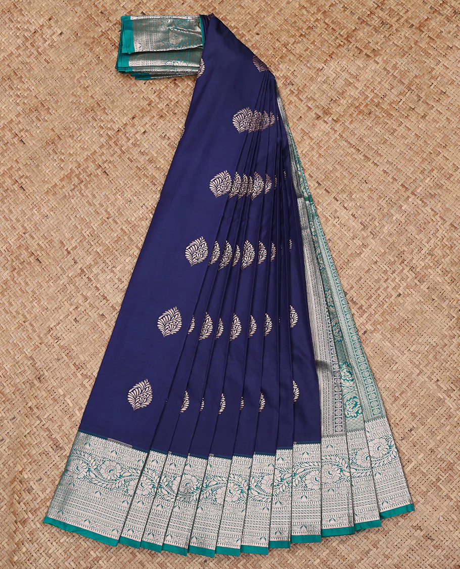 Navy Blue Budget Silk Saree, Showcasing Zari Buttas All Over Its Body, Complemented by a Contrast Traditional Zari Design Border, Intricately Designed Pallu, and Paired with a Contrast Blouse - Image 2