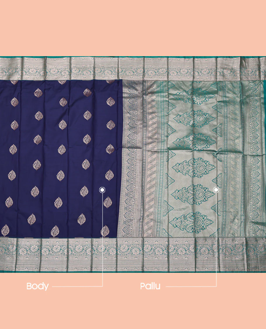 Navy Blue Budget Silk Saree, Showcasing Zari Buttas All Over Its Body, Complemented by a Contrast Traditional Zari Design Border, Intricately Designed Pallu, and Paired with a Contrast Blouse - Image 3