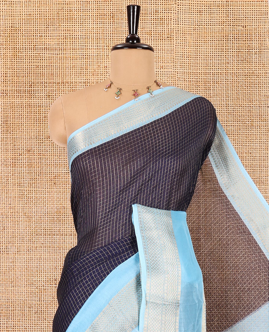 Navy blue checked moss chiffon saree, contrast traditional zari rettai pettu border, striped pallu, and a contrast zari design blouse - Image 2