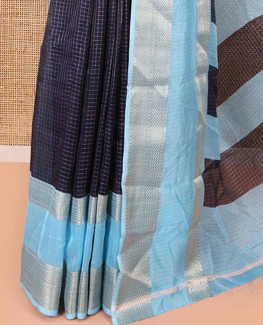 Navy blue checked moss chiffon saree, contrast traditional zari rettai pettu border, striped pallu, and a contrast zari design blouse - Image 3