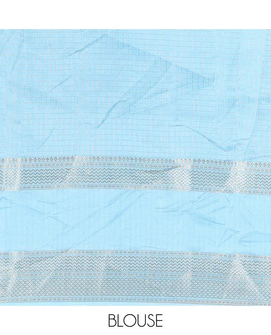 Navy blue checked moss chiffon saree, contrast traditional zari rettai pettu border, striped pallu, and a contrast zari design blouse - Image 4