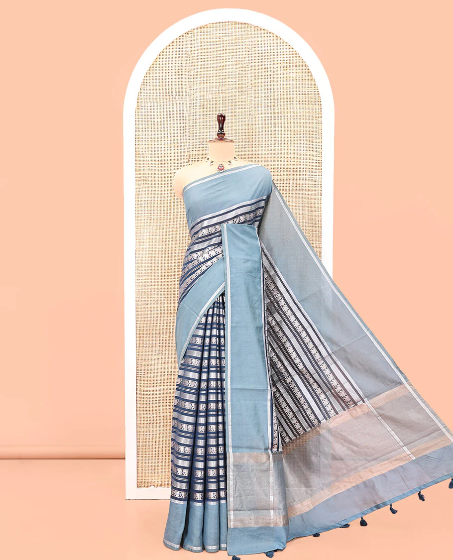 Navy Blue Organza Saree, Richly Zari Detailed with Geometric and Elephant Motifs All Over Its Body, Complemented by Captivating Contrast Zari Border, Zari Decked Up Pallu, and Paired with a Contrast Blouse - Image 3