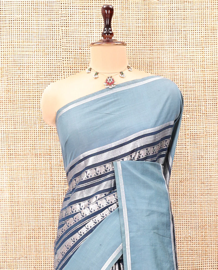 Navy Blue Organza Saree, Richly Zari Detailed with Geometric and Elephant Motifs All Over Its Body, Complemented by Captivating Contrast Zari Border, Zari Decked Up Pallu, and Paired with a Contrast Blouse - Image 4