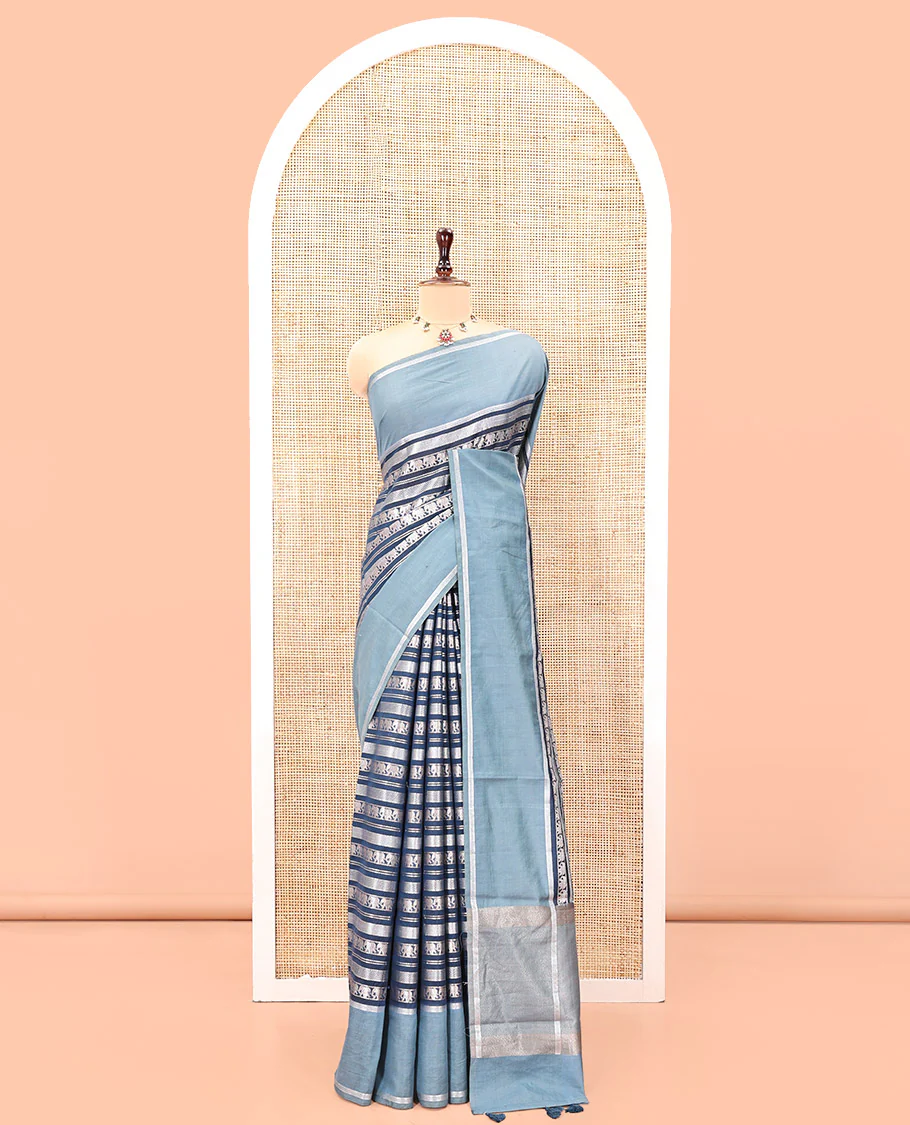 Navy Blue Organza Saree, Richly Zari Detailed with Geometric and Elephant Motifs All Over Its Body, Complemented by Captivating Contrast Zari Border, Zari Decked Up Pallu, and Paired with a Contrast Blouse - Image 5