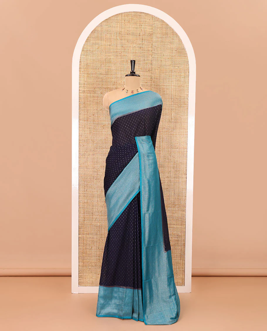 Navy blue zari buttas banarasi georgette saree, contrast traditional zari border, zari woven pallu and a contrast zari design blouse - Image 2
