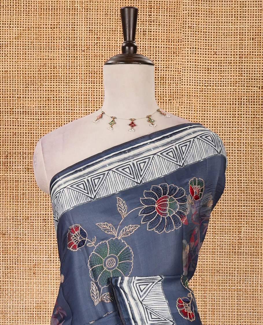 Navy floral print & multi-color floral thread embroidered fancy tussar silk saree, triangle motif print & embroidered border & matching blouse of print & embroidery - Image 3