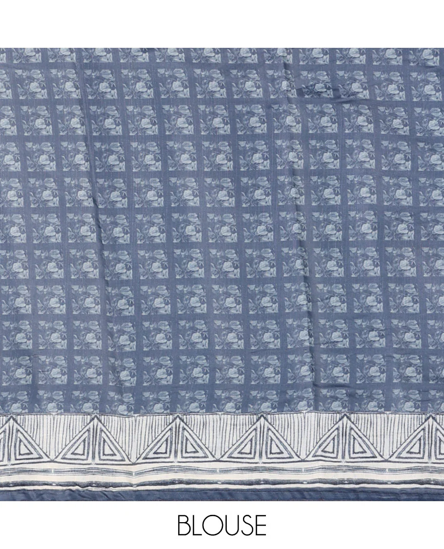 Navy floral print & multi-color floral thread embroidered fancy tussar silk saree, triangle motif print & embroidered border & matching blouse of print & embroidery - Image 4