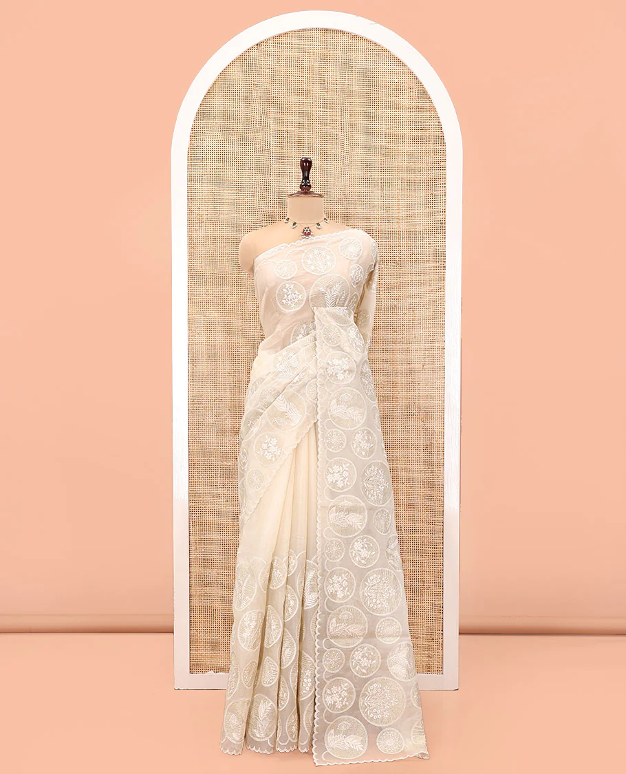 Off-White Organza Saree, Delicately decked Up with Floral Enclosed Circle Motifs Thread Embroidery, Subtle Scallop Border, Delicately Embroidered Pallu, and Paired with a Matching Embroidered Blouse - Image 3