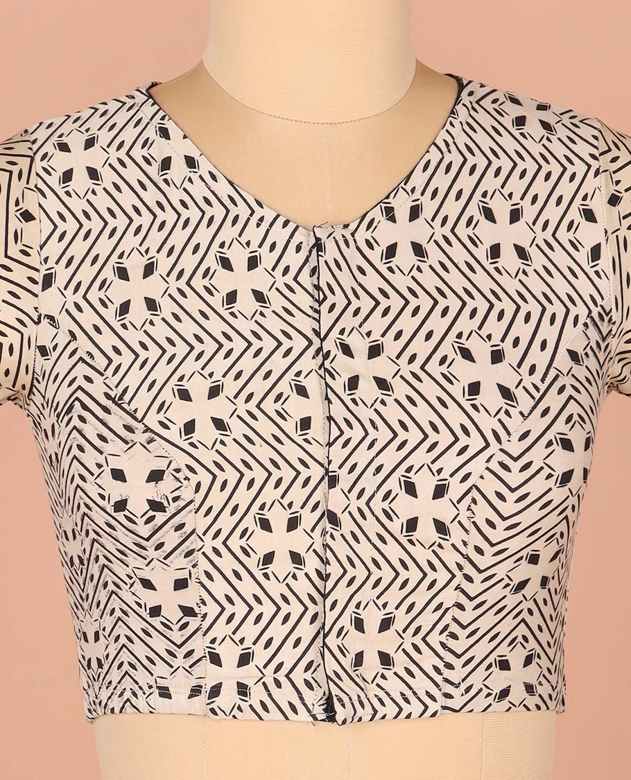 Off-White Readymade Blouse Prettified with Geometric Prints, Featuring a Front Round-Neck, a Back Closed Neck, and Elbow Sleeves - Image 3