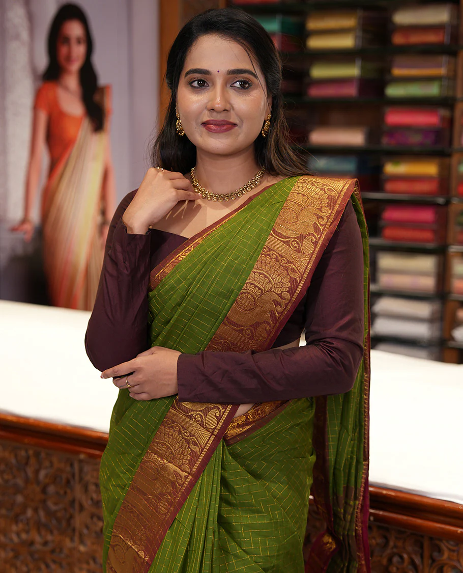 Olive Green Chettinad Cotton Saree, Gleamed Up Checked Design All Over Its Body, Complemented by a Contrast Traditional Zari Border of Peacock Designs, Zari-Striped Pallu, and Has No Blouse - Image 2