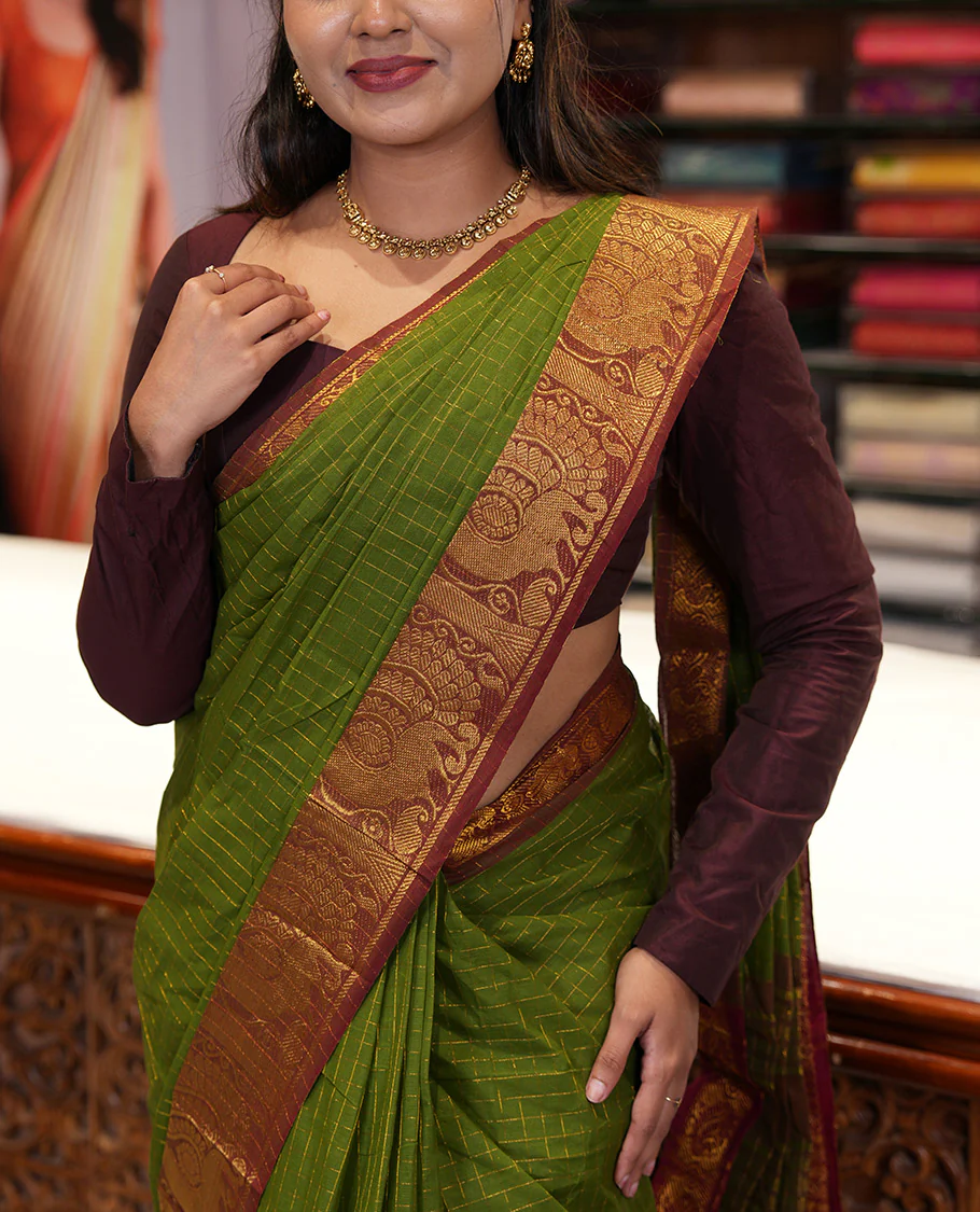 Olive Green Chettinad Cotton Saree, Gleamed Up Checked Design All Over Its Body, Complemented by a Contrast Traditional Zari Border of Peacock Designs, Zari-Striped Pallu, and Has No Blouse - Image 3