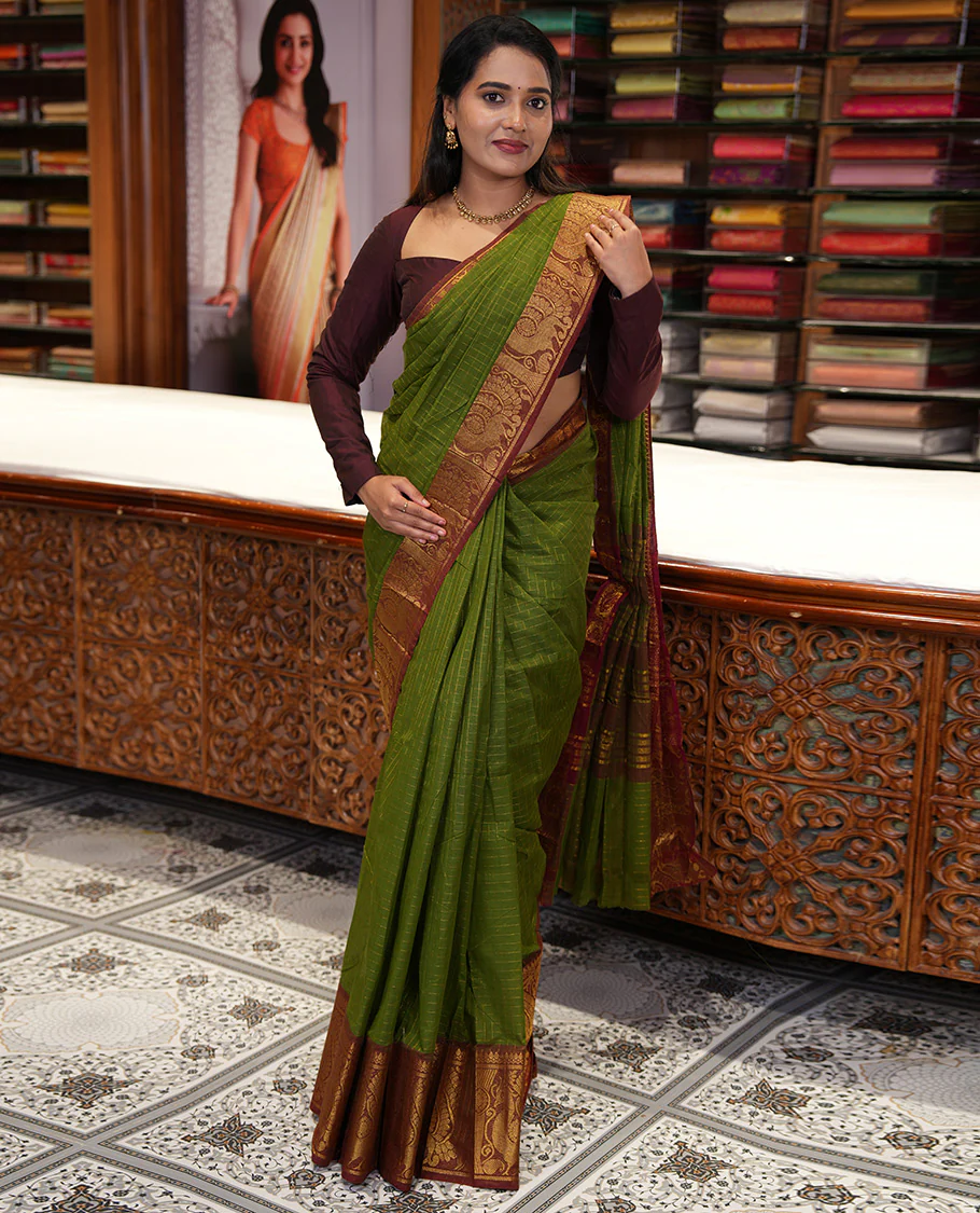 Olive Green Chettinad Cotton Saree, Gleamed Up Checked Design All Over Its Body, Complemented by a Contrast Traditional Zari Border of Peacock Designs, Zari-Striped Pallu, and Has No Blouse - Image 4