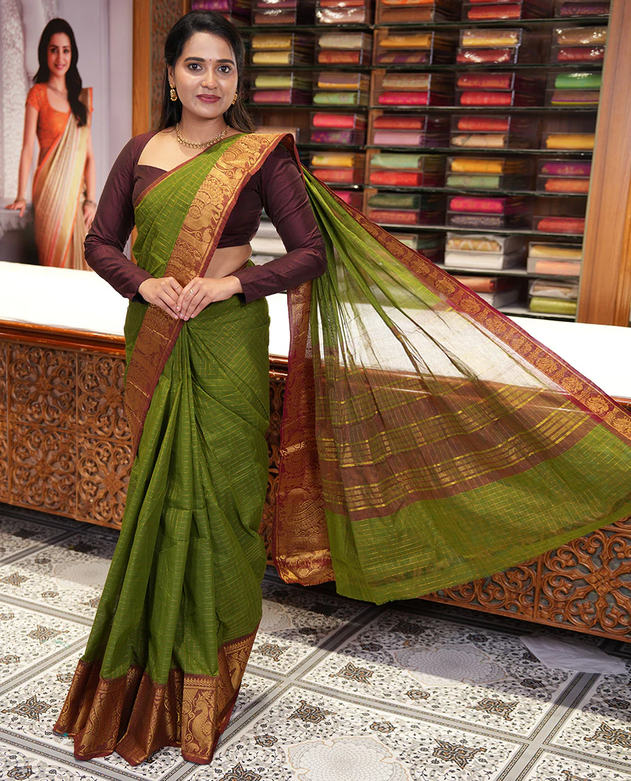 Olive Green Chettinad Cotton Saree, Gleamed Up Checked Design All Over Its Body, Complemented by a Contrast Traditional Zari Border of Peacock Designs, Zari-Striped Pallu, and Has No Blouse - Image 5
