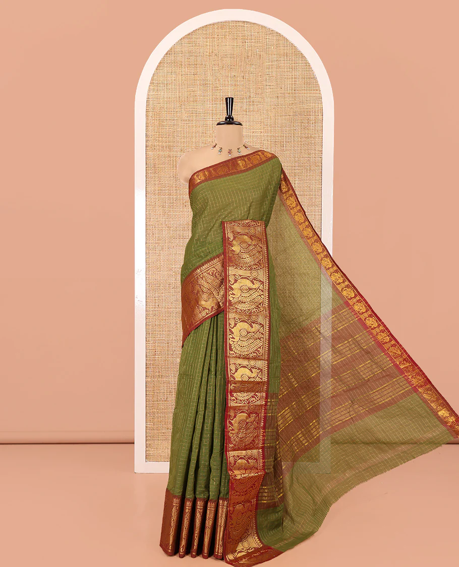 Olive Green Chettinad Cotton Saree, Gleamed Up Checked Design All Over Its Body, Complemented by a Contrast Traditional Zari Border of Peacock Designs, Zari-Striped Pallu, and Has No Blouse - Image 6