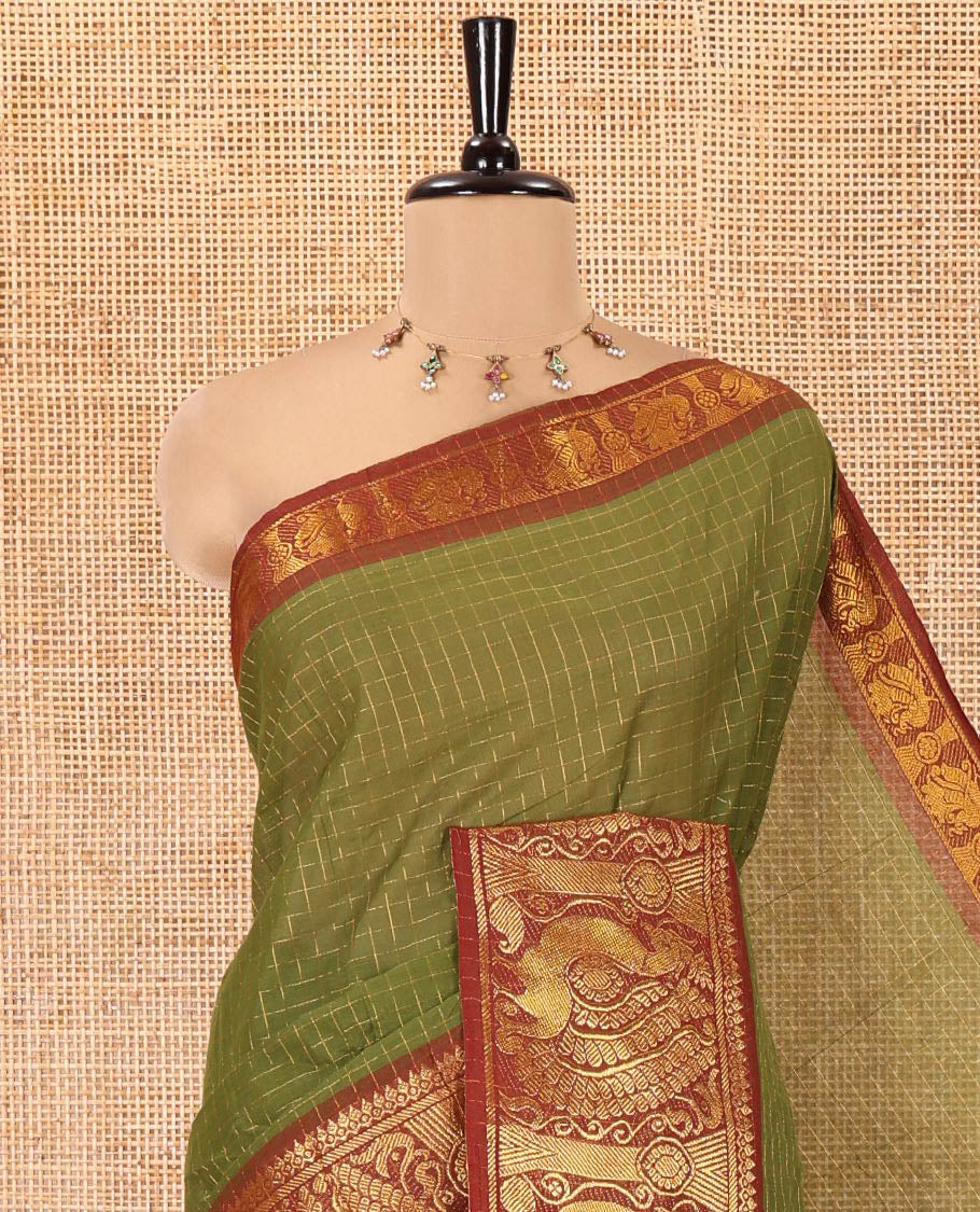 Olive Green Chettinad Cotton Saree, Gleamed Up Checked Design All Over Its Body, Complemented by a Contrast Traditional Zari Border of Peacock Designs, Zari-Striped Pallu, and Has No Blouse - Image 7
