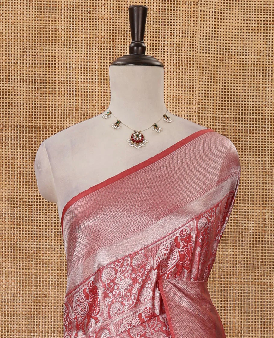 Onion pink floral & elephant jacquard softy saree, diamond design zari border, intricate pallu & matching jacquard blouse - Image 3