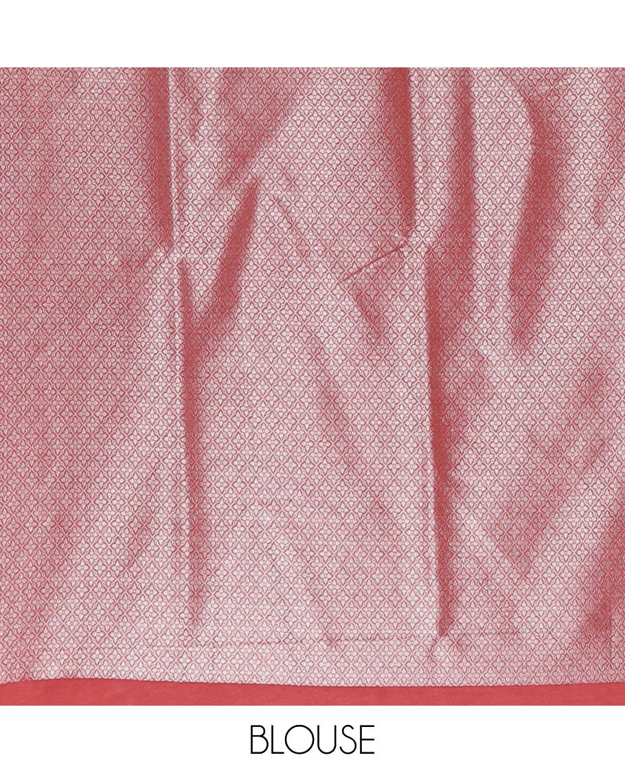 Onion pink floral & elephant jacquard softy saree, diamond design zari border, intricate pallu & matching jacquard blouse - Image 4
