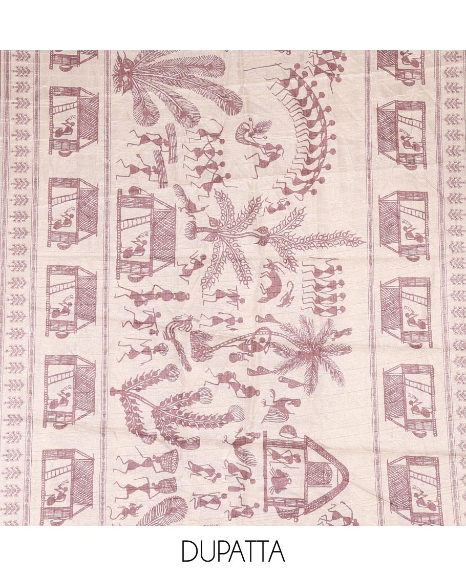 Onion pink material churidar set, warli tribe village theme print with mirror work semi-tussar top, plain bottom, and warli tribe village theme print semi-tussar dupatta - Image 2